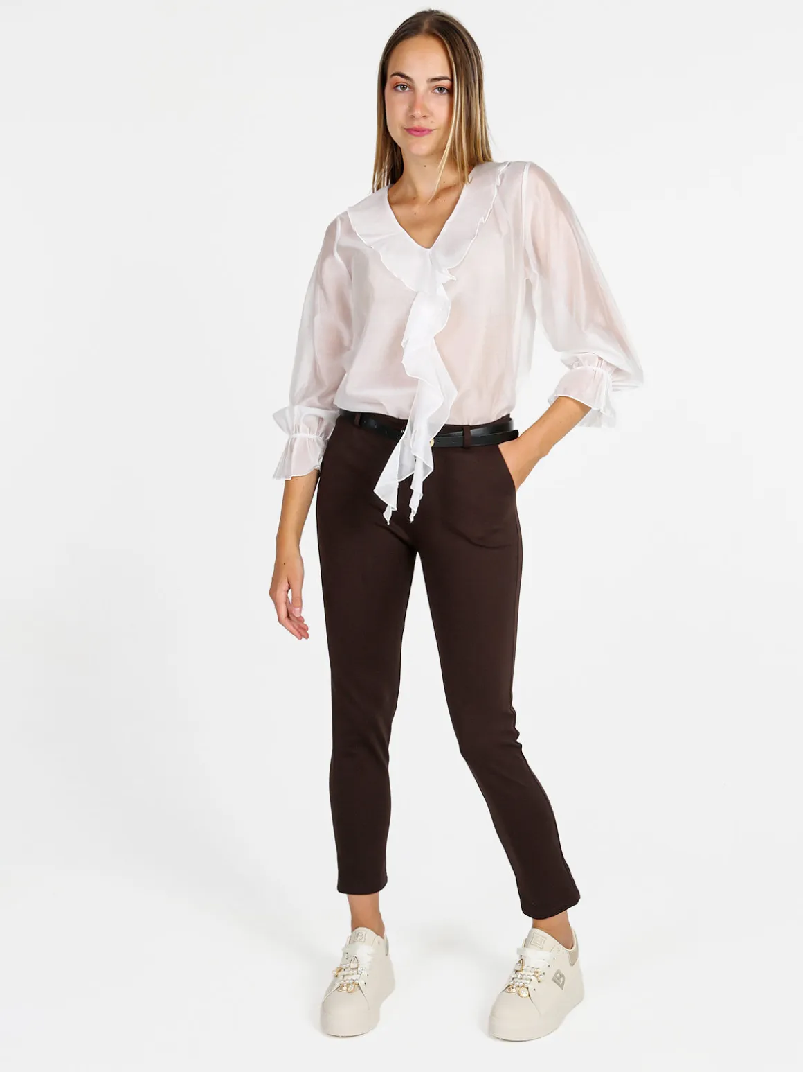 Unique Blusa donna a maniche lunghe con volant