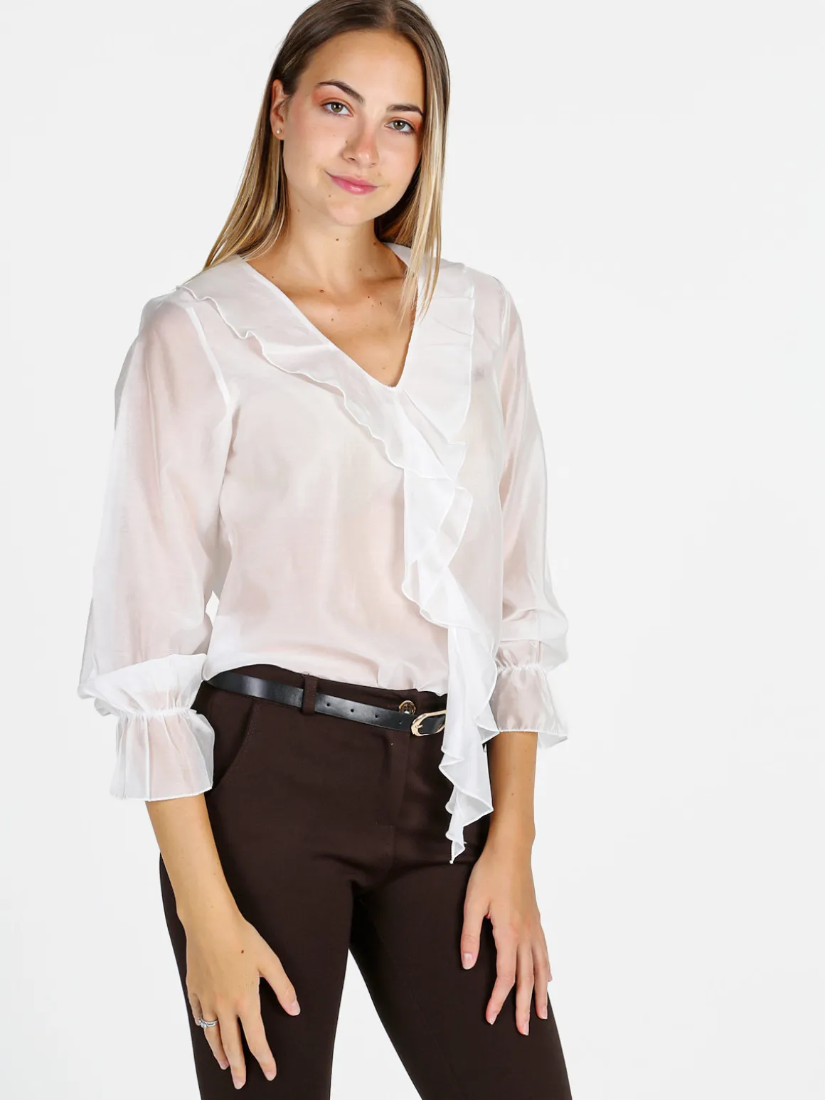Unique Blusa donna a maniche lunghe con volant