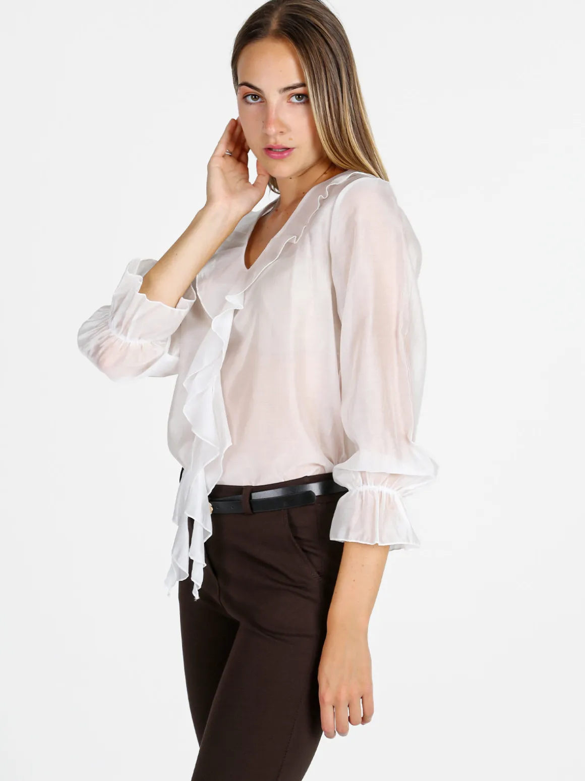 Unique Blusa donna a maniche lunghe con volant