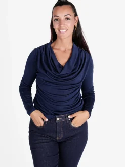 Unique Blusa donna a maniche lunghe con scollo a cascata