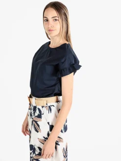 Unique Blusa donna in cotone con maniche corte a volant