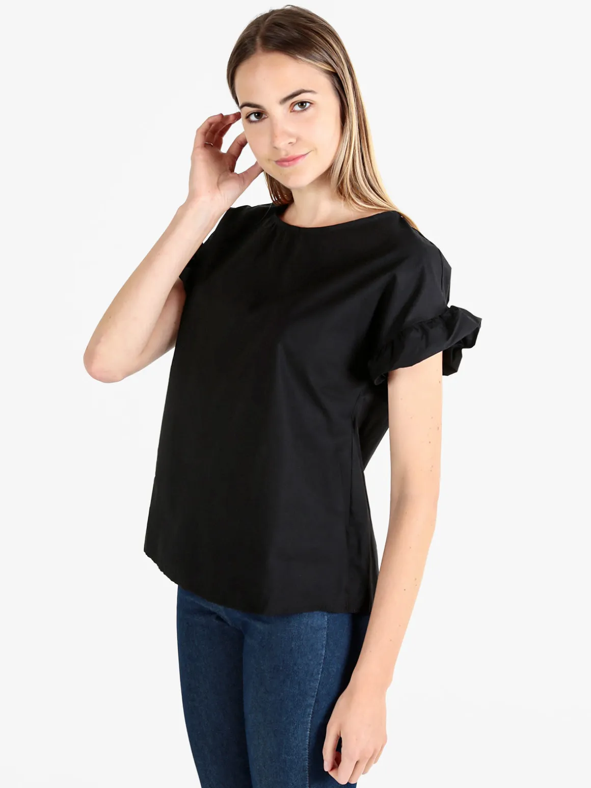Unique Blusa donna in cotone con maniche corte a volant