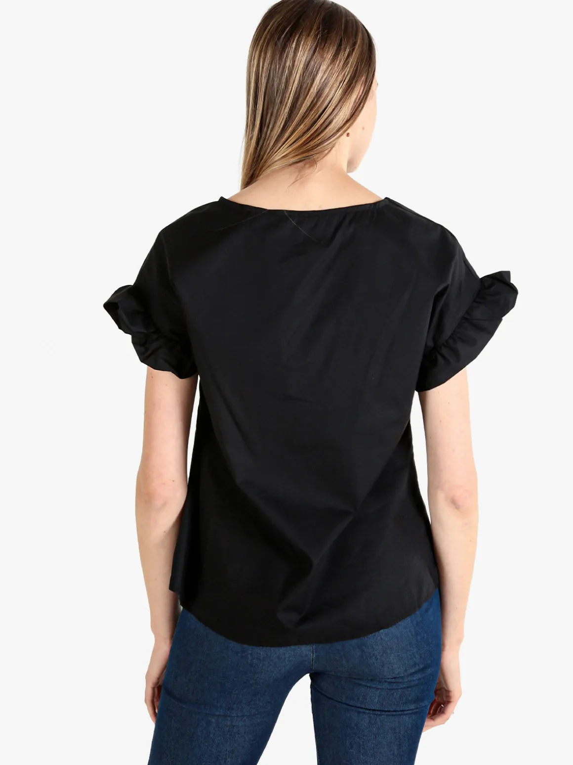 Unique Blusa donna in cotone con maniche corte a volant