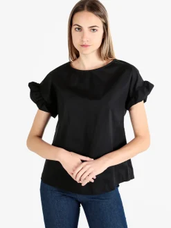 Unique Blusa donna in cotone con maniche corte a volant