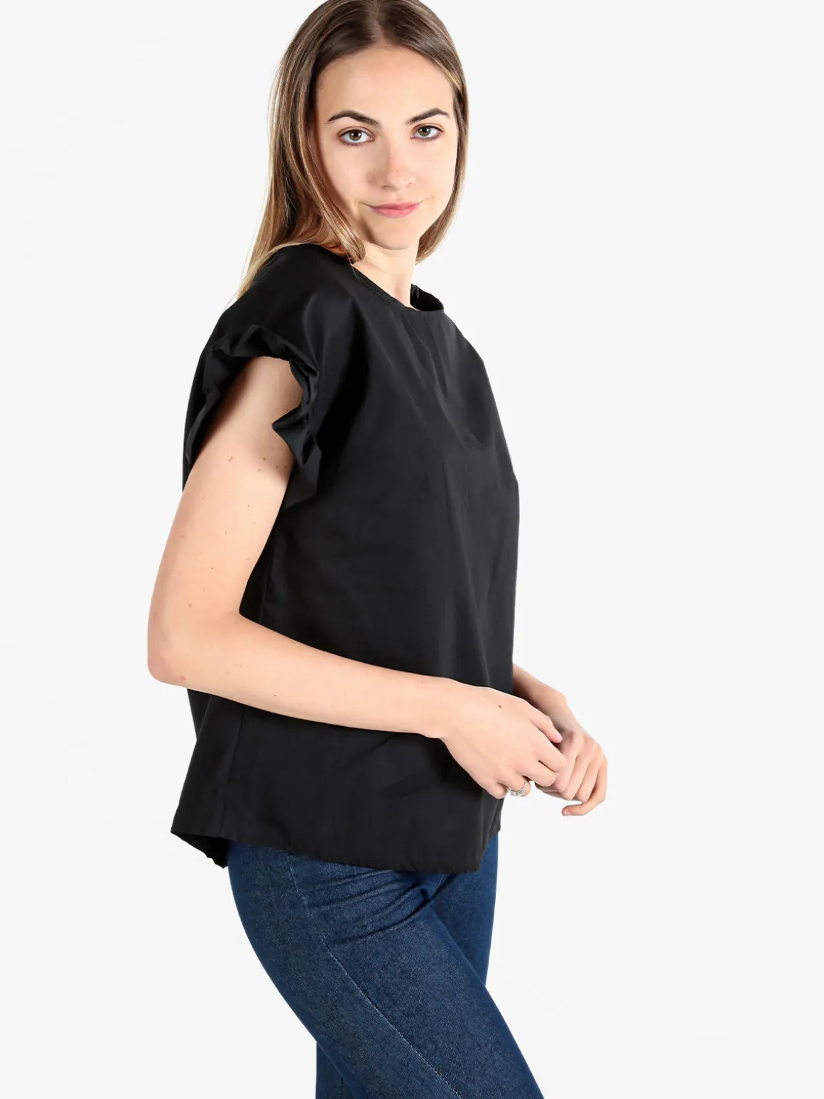 Unique Blusa donna in cotone con maniche corte a volant