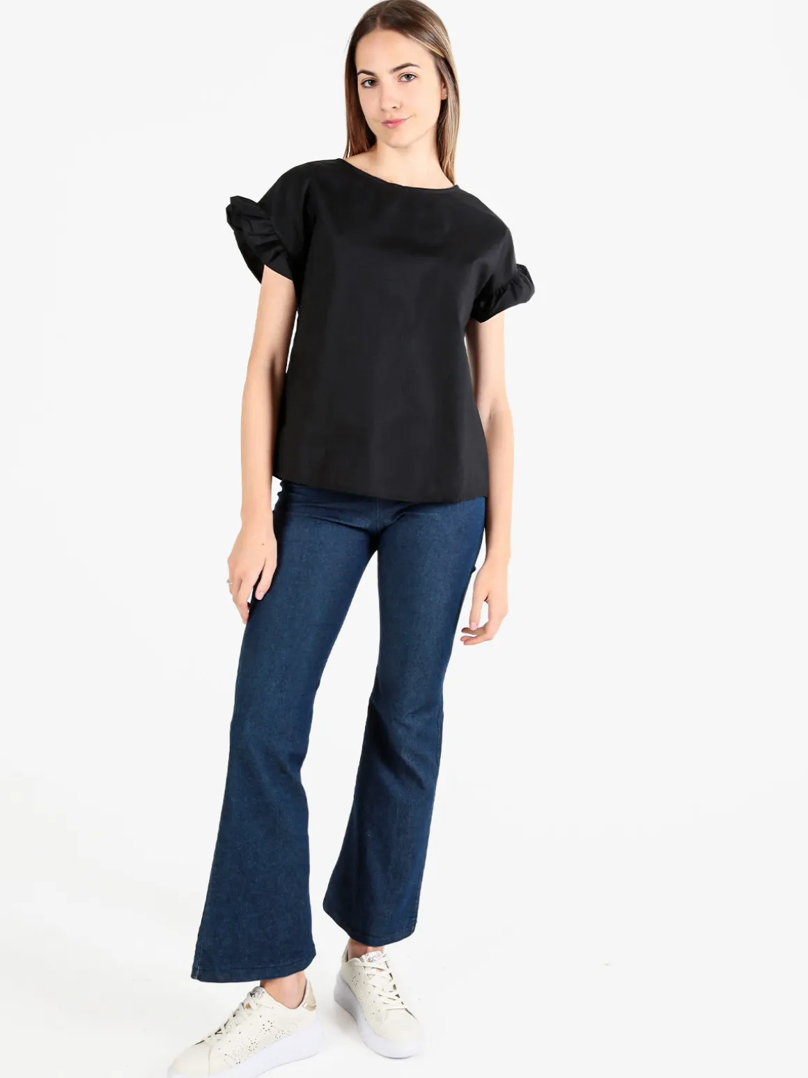 Unique Blusa donna in cotone con maniche corte a volant