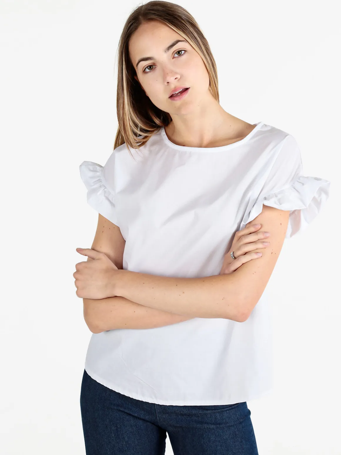 Unique Blusa donna in cotone con maniche corte a volant