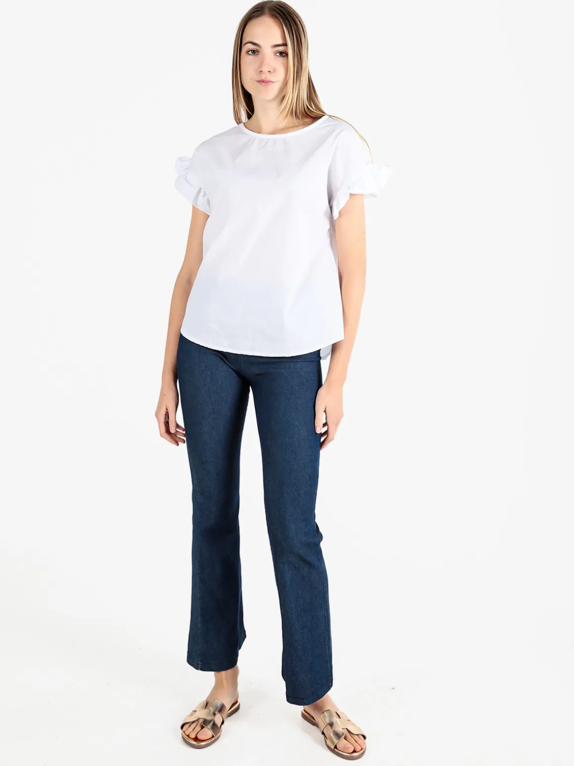 Unique Blusa donna in cotone con maniche corte a volant