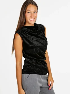 Unique Top donna in velluto con scollo a cascata - nero