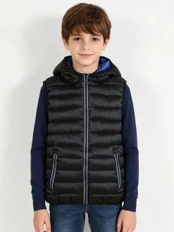 Urchin Gilet imbottito da bambino con cappuccio e zip - nero