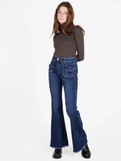Vale Denim Jeans donna con tasche in vita e finale a zampa sfrangiato