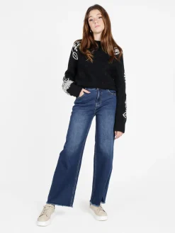 Vale Denim Jeans donna wide leg sfrangiati a vita alta