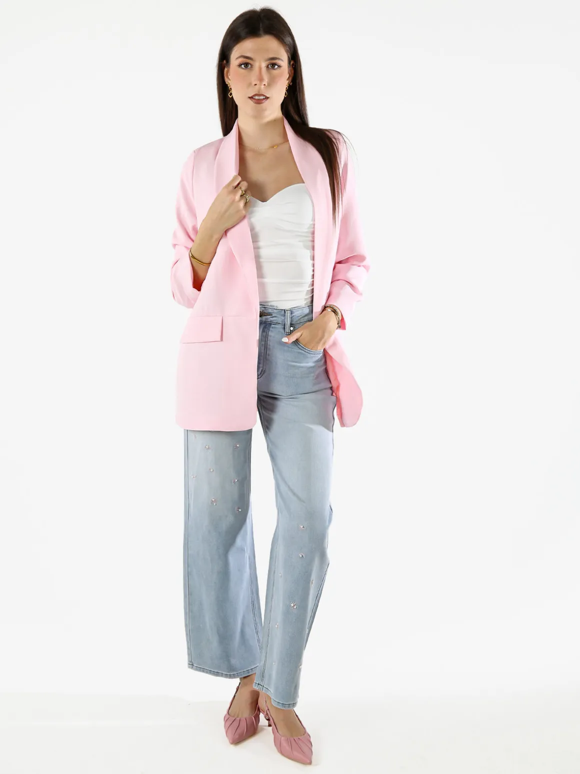 Vanita Blazer donna aperto con maniche arricciate - rosa