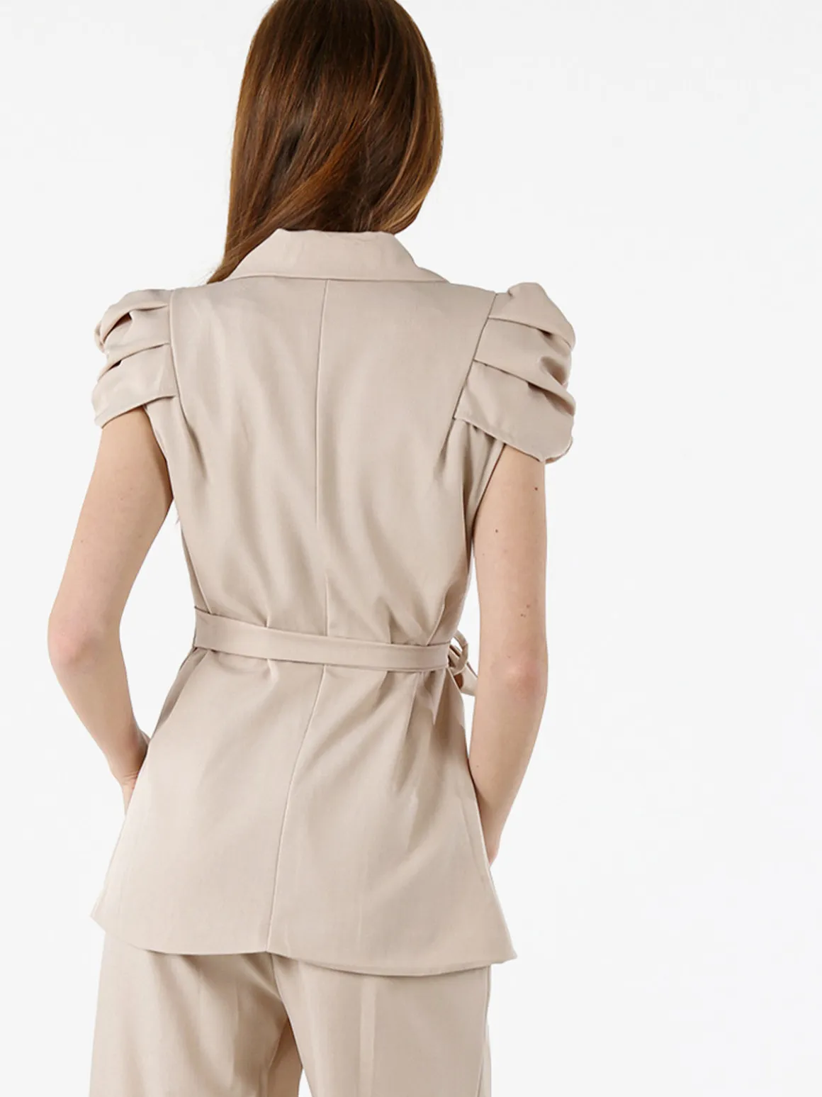 Vanita Blazer donna incrociato a maniche corte con spalle a sbuffo - beige