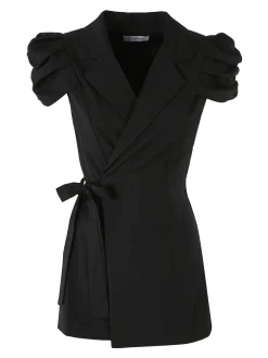 Vanita Blazer donna incrociato a maniche corte con spalle a sbuffo - nero
