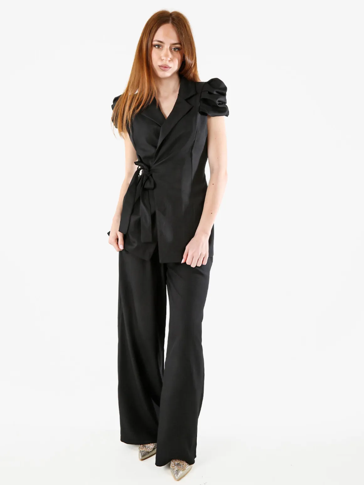 Vanita Blazer donna incrociato a maniche corte con spalle a sbuffo - nero