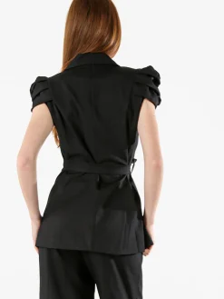 Vanita Blazer donna incrociato a maniche corte con spalle a sbuffo - nero