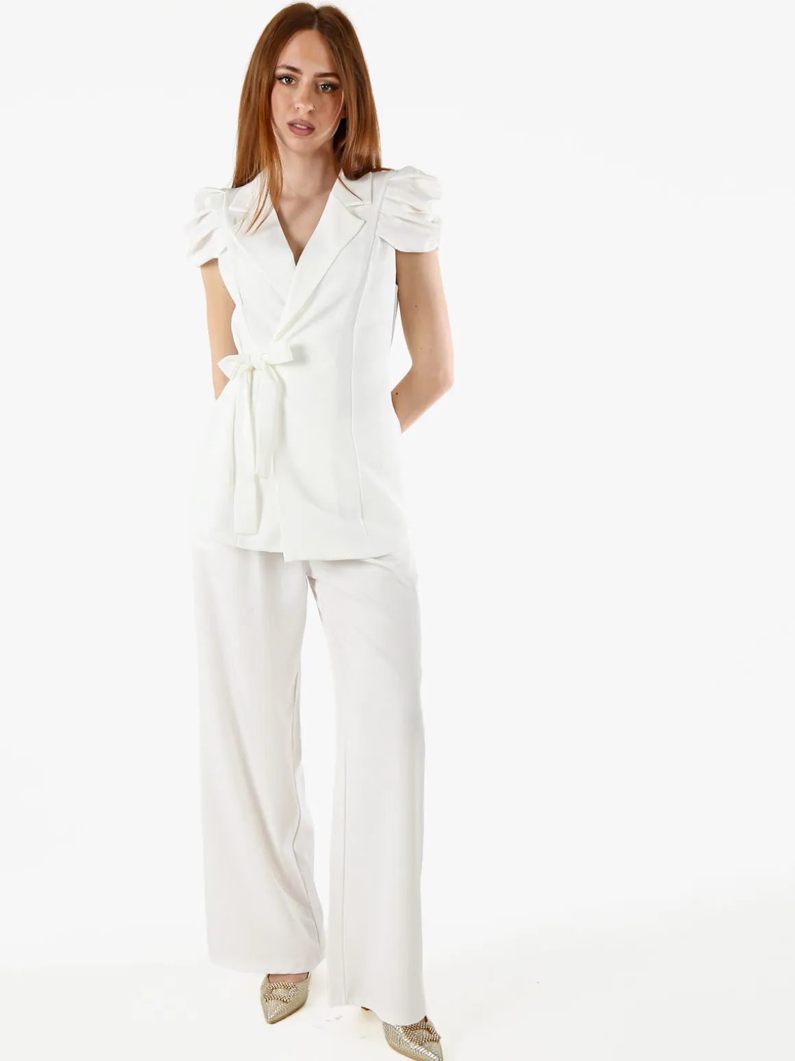 Vanita Blazer donna incrociato a maniche corte con spalle a sbuffo - bianco