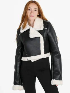 Vanita Giacca donna cropped pesante con pelliccia sintetica - nero