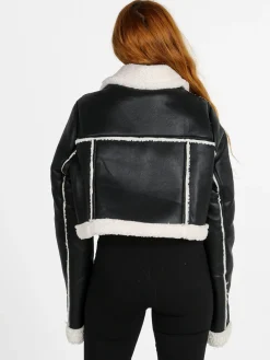 Vanita Giacca donna cropped pesante con pelliccia sintetica - nero