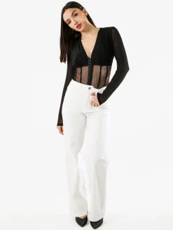 Vestella Top body donna elegante a maniche lunghe con inserti a rete - nero