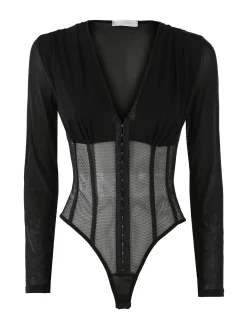 Vestella Top body donna elegante a maniche lunghe con inserti a rete - nero