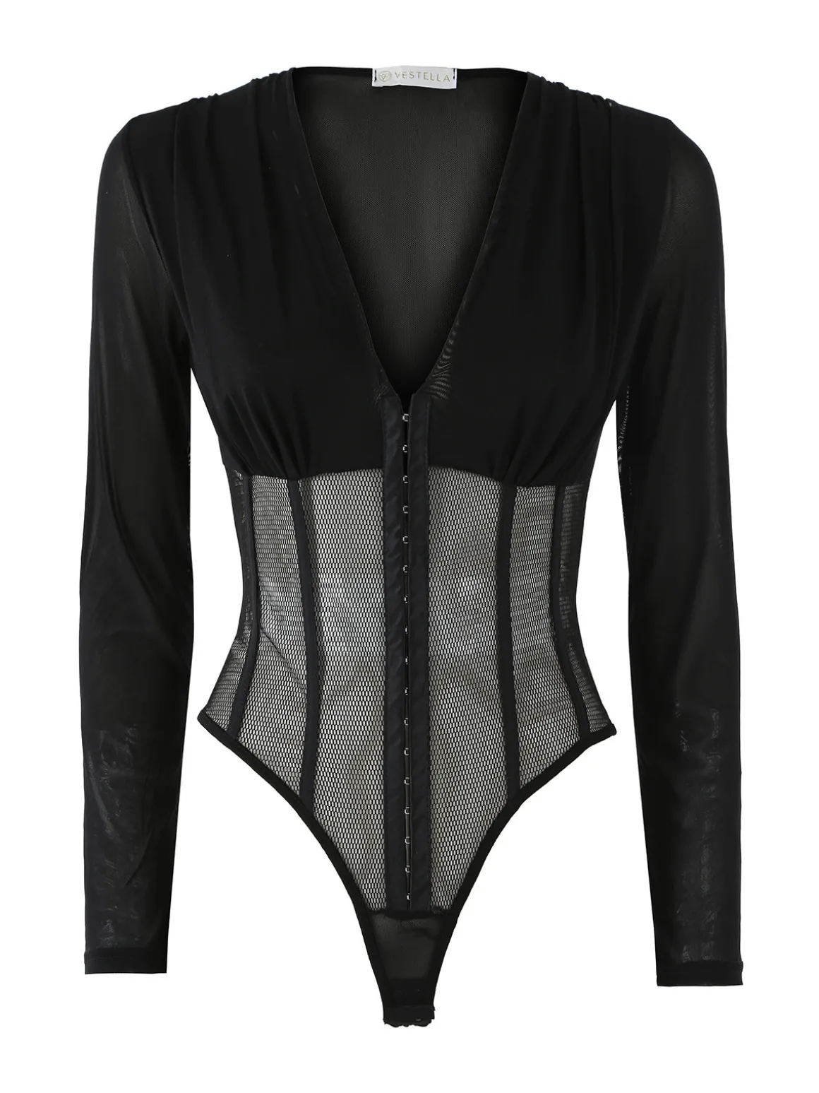 Vestella Top body donna elegante a maniche lunghe con inserti a rete - nero