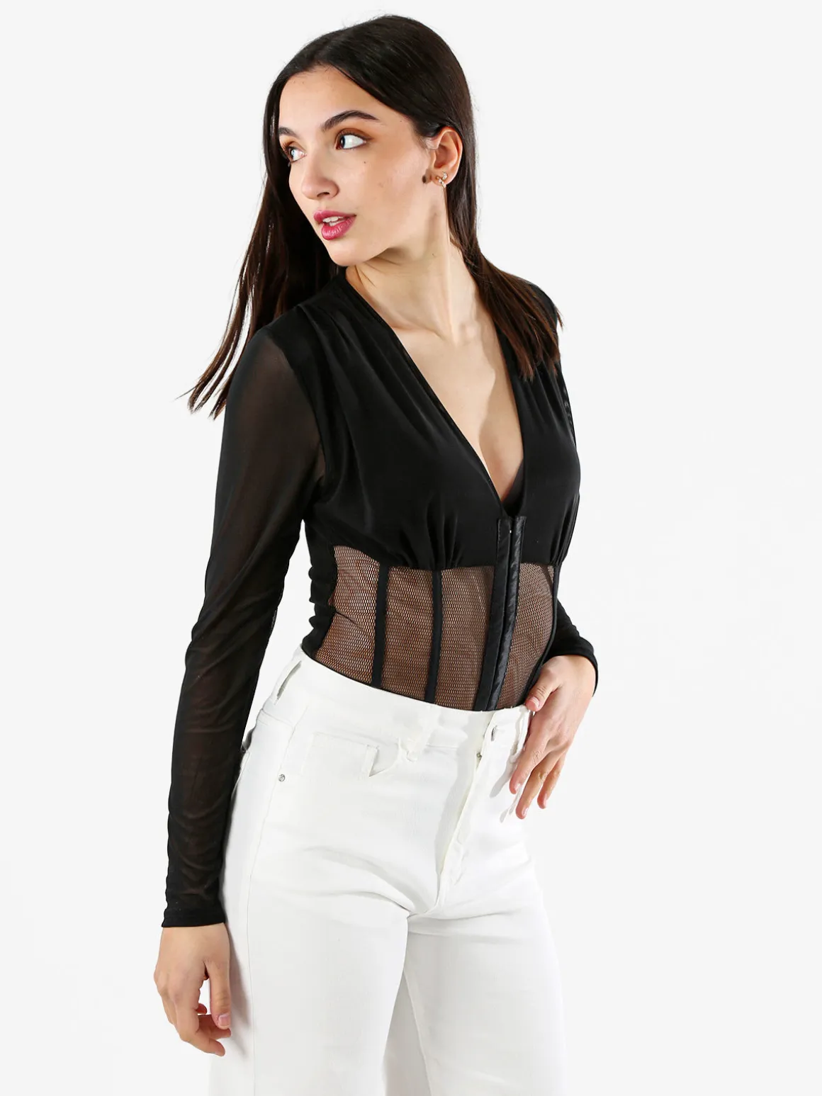 Vestella Top body donna elegante a maniche lunghe con inserti a rete - nero