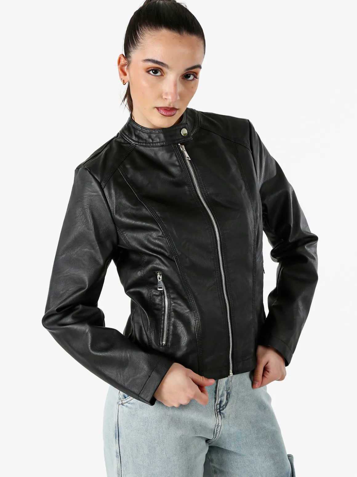 W Collection Giacca donna in ecopelle con zip - nero
