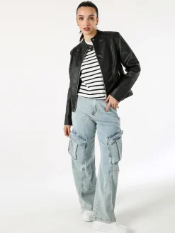 W Collection Giacca donna in ecopelle con zip - nero