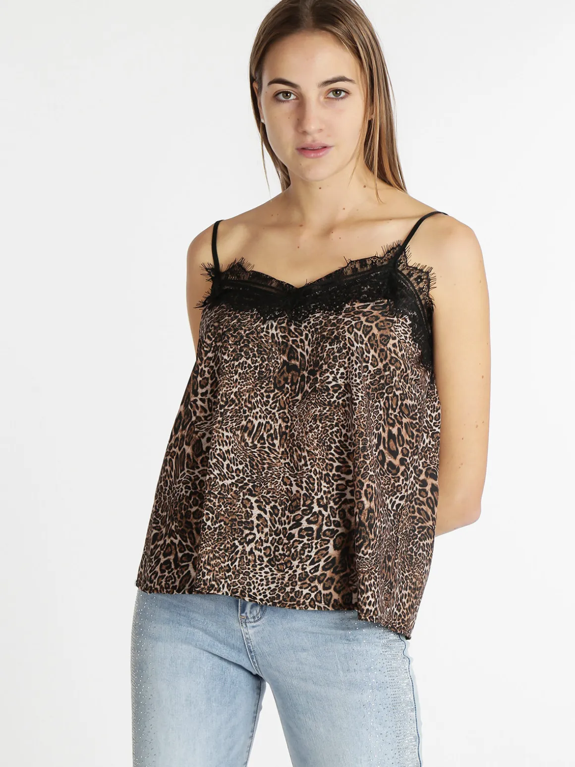 W.Studio Top donna effetto raso con stampa animalier