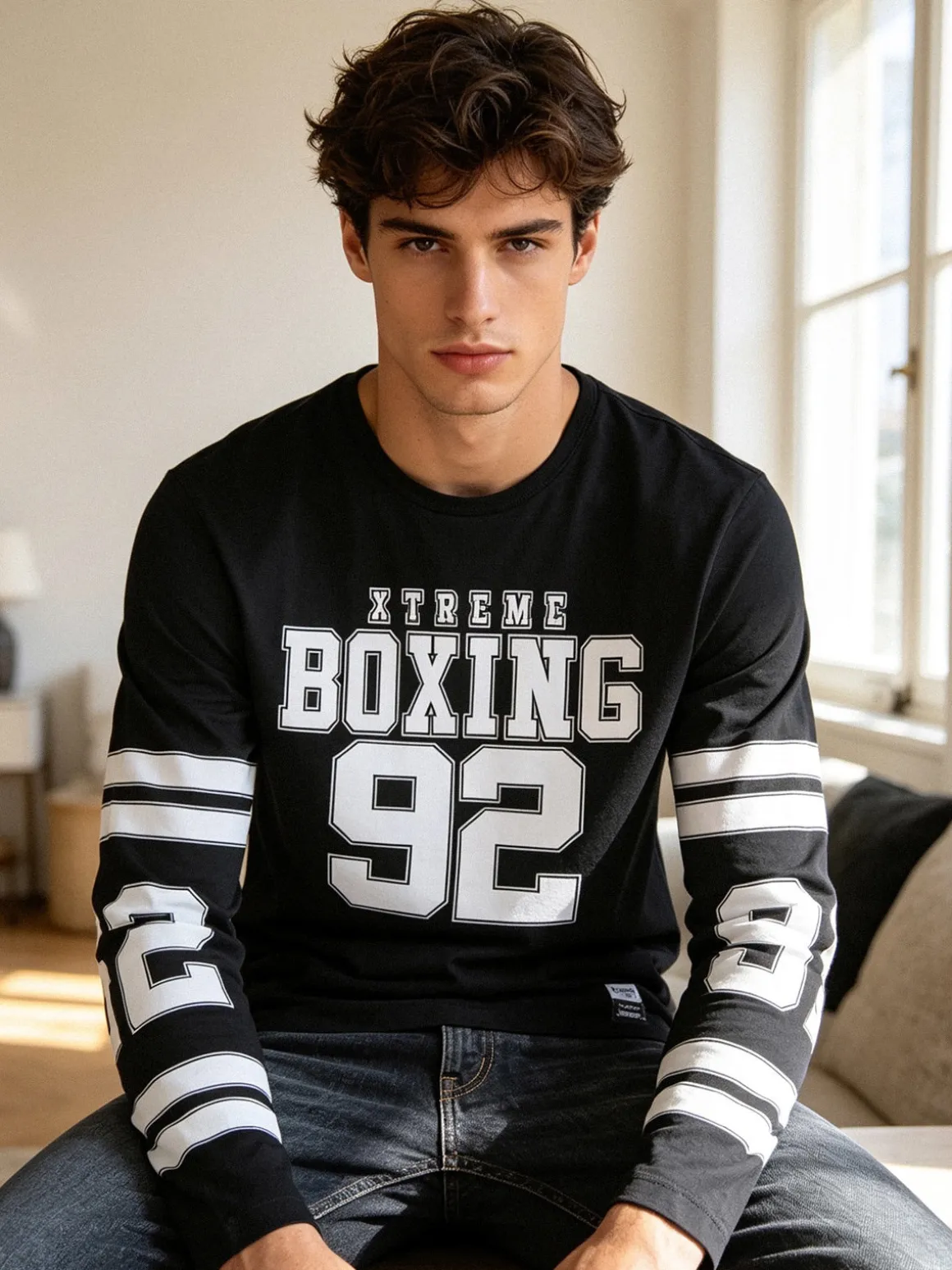 Xtreme Boxing T-shirt da uomo a maniche lunghe con logo - nero