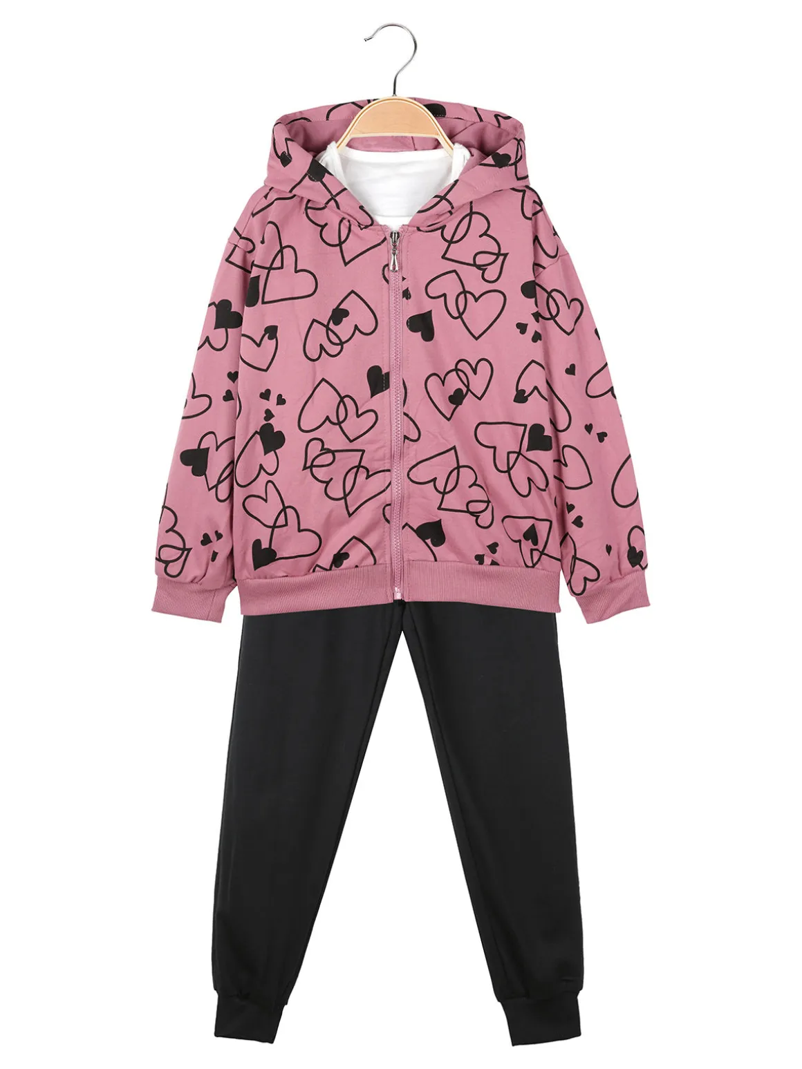 Yes! Do Kid'S Completo 3 pezzi da bambina con felpa con stampa a cuori - rosa