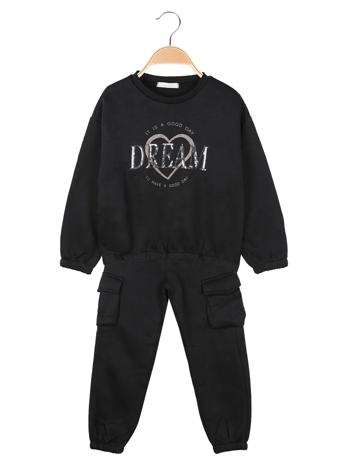 Yes! Do Kid'S Completo tuta da bambina felpata 2 pezzi con pantaloni cargo - nero