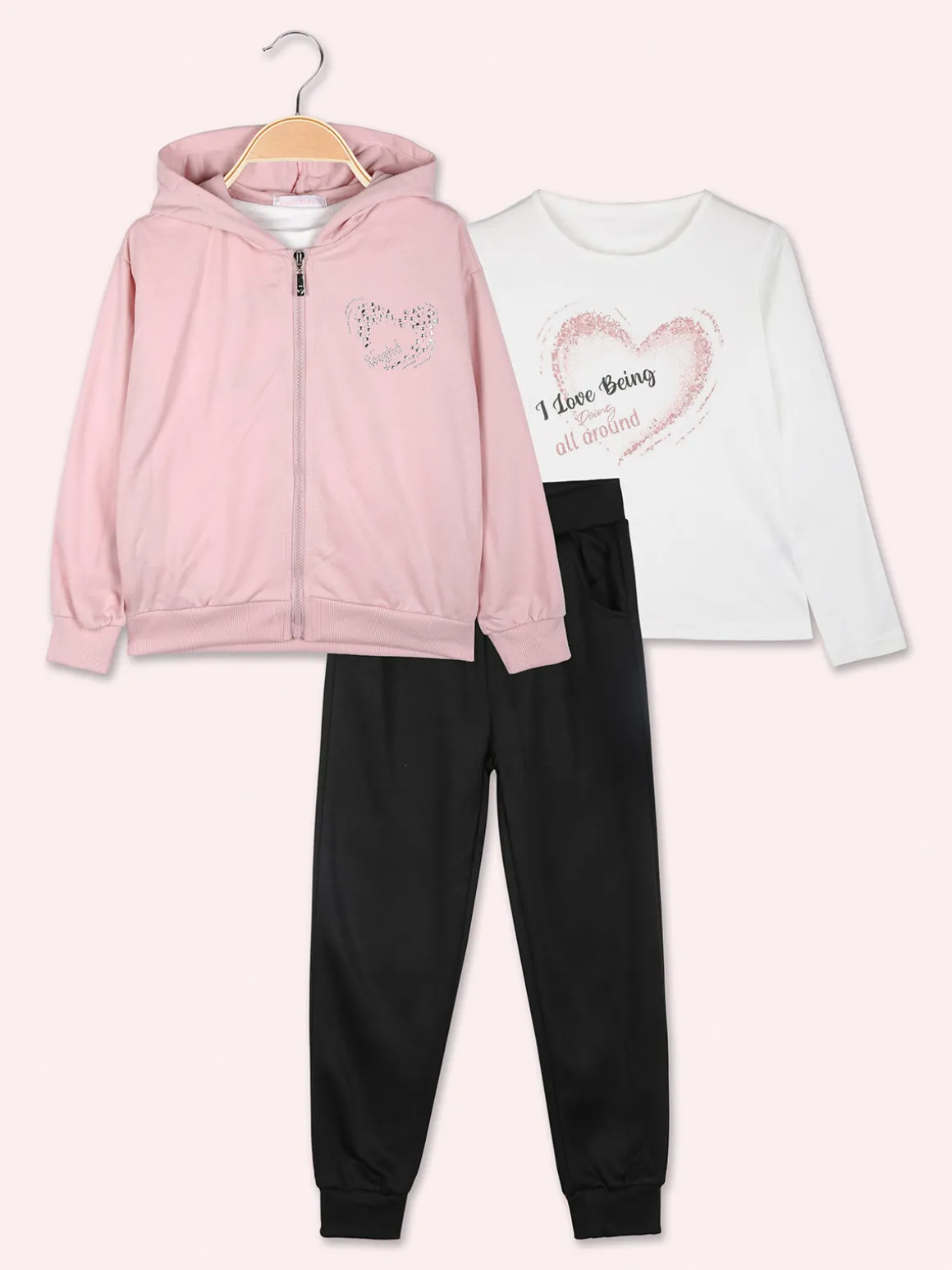 Yes! Do Kid'S Completo tuta 3 pezzi da bambina con felpa brillantinata e strass - rosa