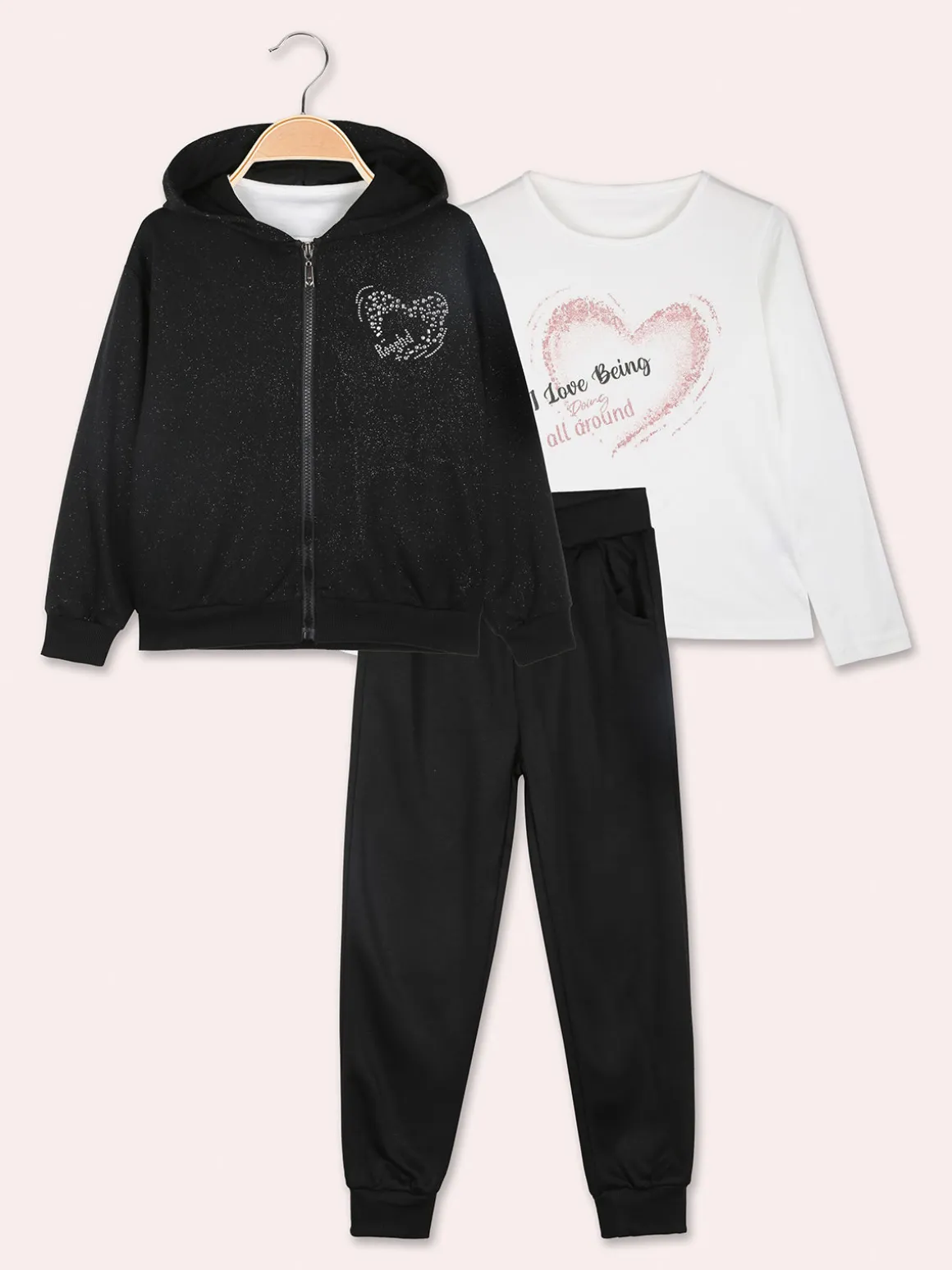 Yes! Do Kid'S Completo tuta 3 pezzi da bambina con felpa brillantinata e strass - nero