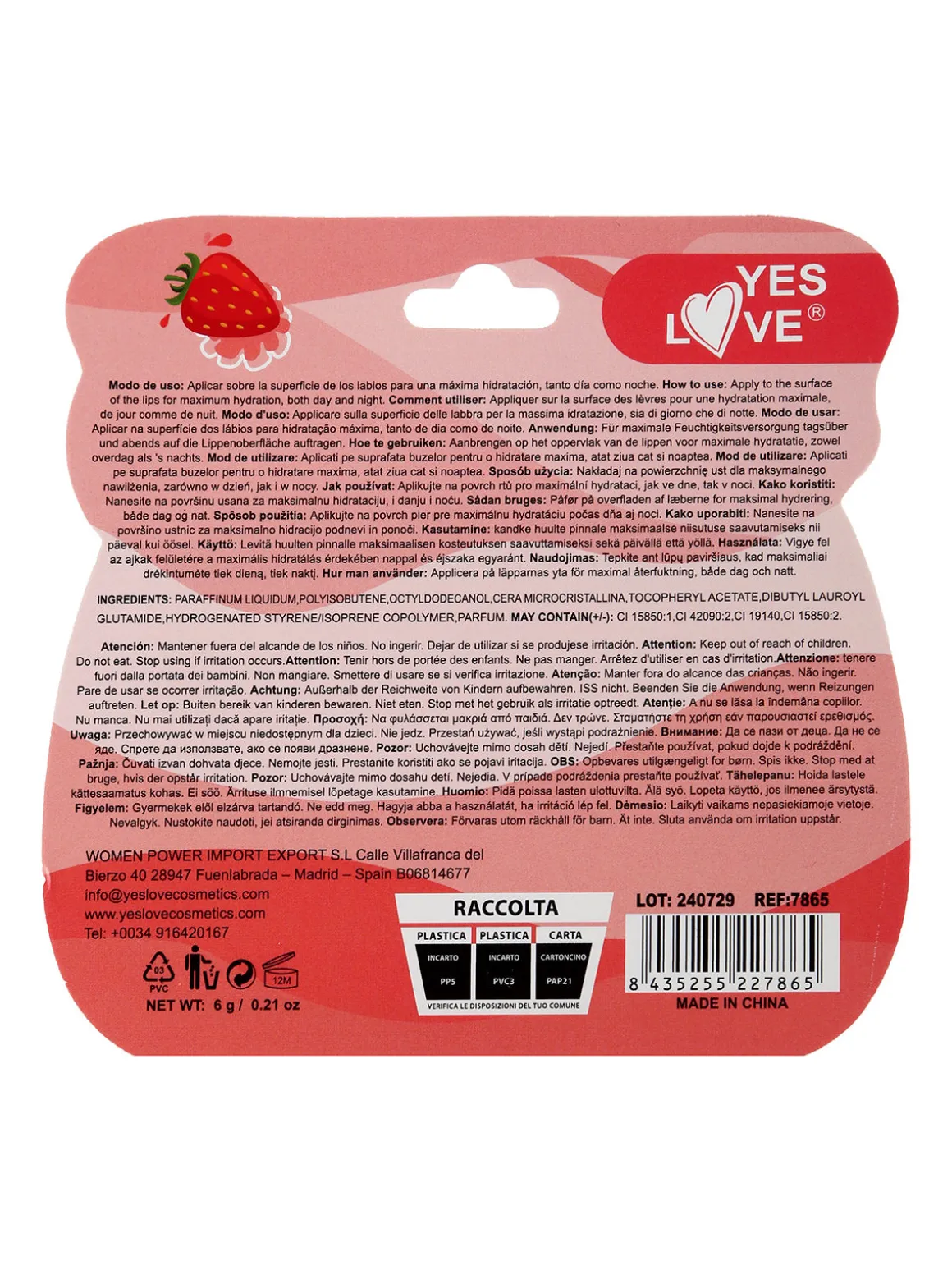 Yes Love Cosmetics Maschera idratante per labbra - fragola