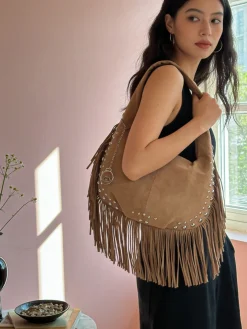 You Young Coveri Borsa a spalla da donna con frange e borchie - khaki